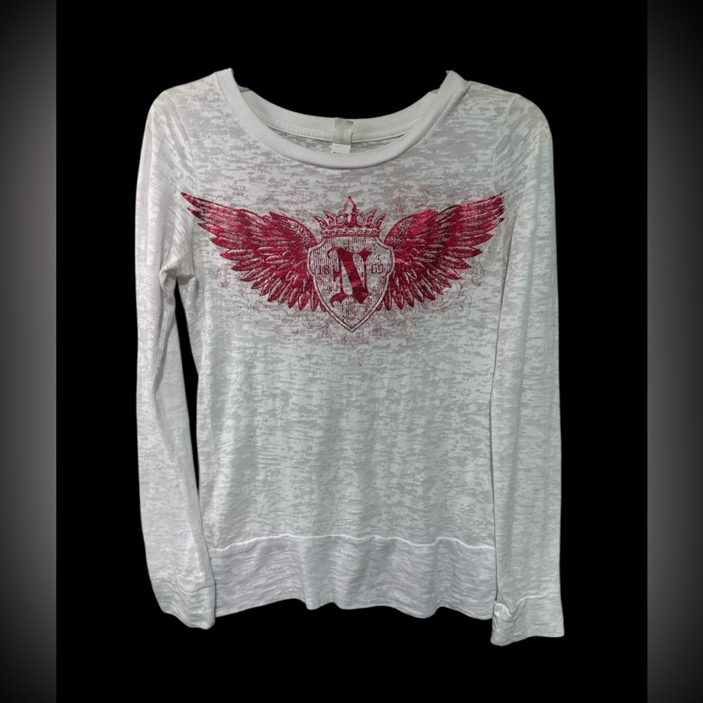 Blue 84 White Long Sleeve Top with Red Winged Design In Women's Size M